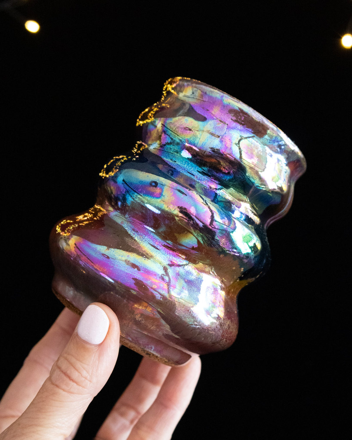 Modern Ceramic Cup with Rippled Sides and Rainbow Finish