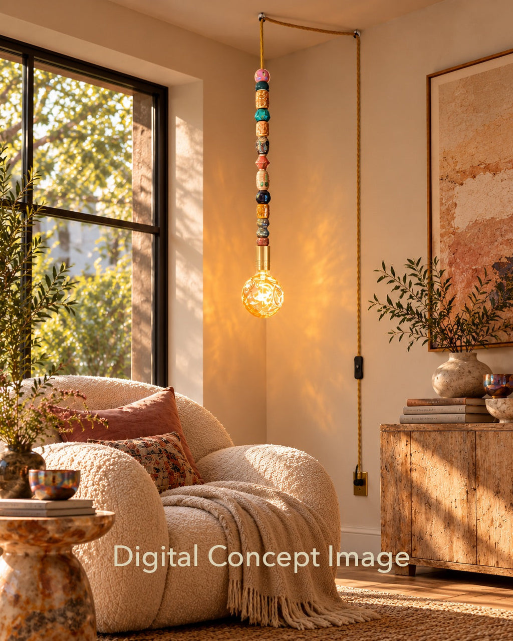 Modern Ceramic Beaded Pendant Light with Shaped Glass Bulb