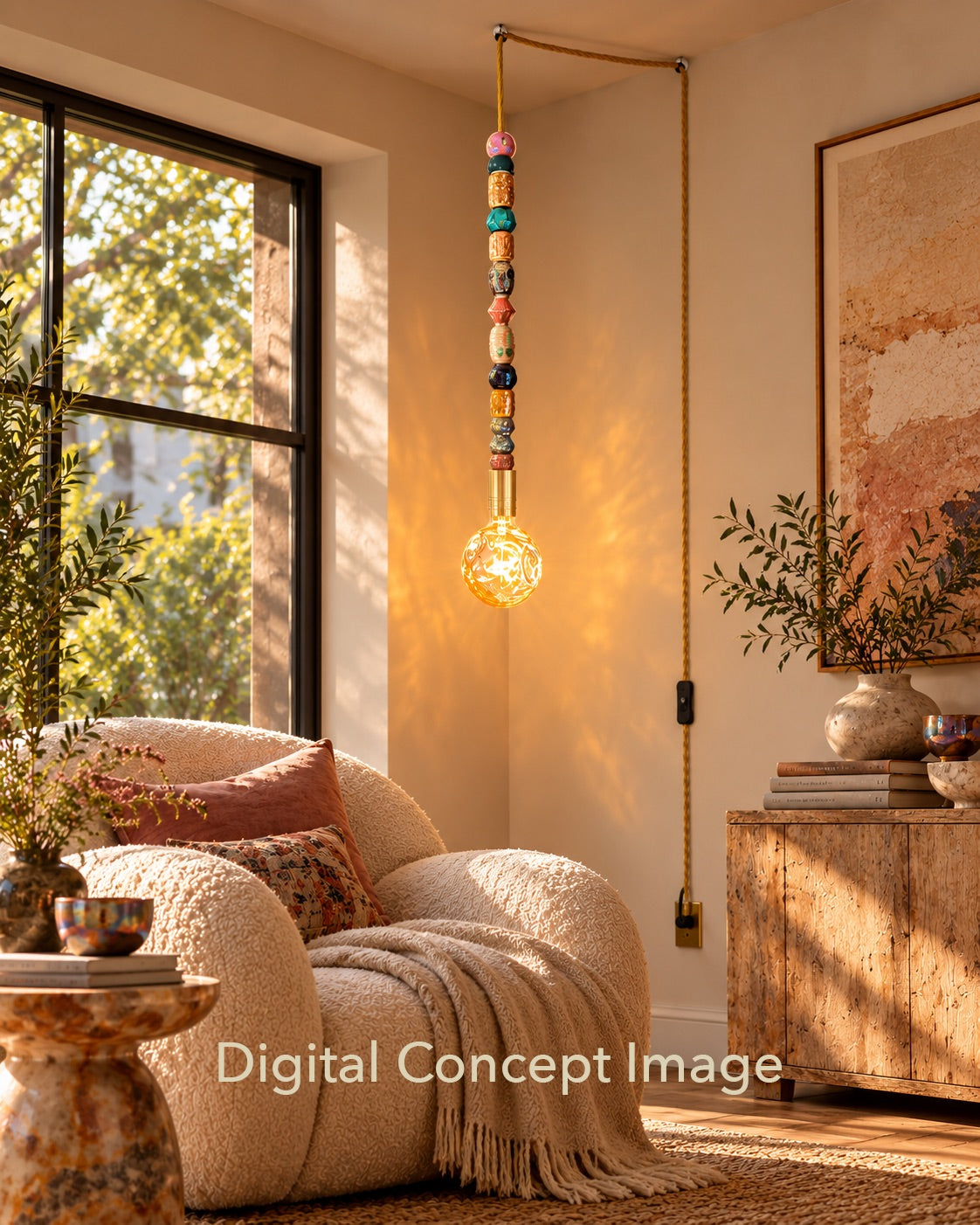 Modern Ceramic Beaded Pendant Light with Shaped Glass Bulb